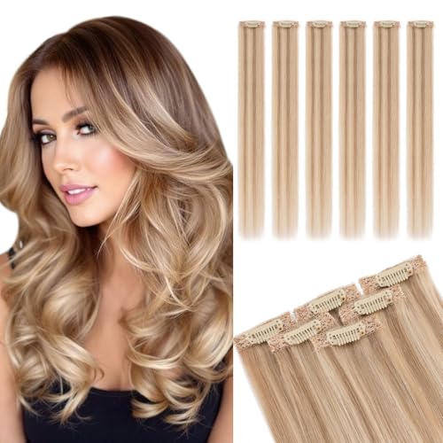 MY-LADY Clip in Extensions Echthaar 6 Stück, 25cm Haarverlängerung Natürlich, Single Clip Hair Extension Highlights für Frauen Damen Glatt Goldbraun&blond(#12P613, 31g)