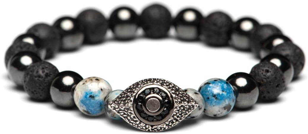 Karseer Vintage Silver and Black Plated Evil Eye Magnetic Energy Balance Anti Anxiety Bracelet Natural Hematite K2 Blue Azurite and Lava Rock Healing Stone Beads Essential Oil Diffuser Bracelet Unisex