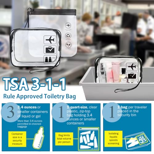 Clear Toiletry Bag, 2 Packs TSA Approved Water resistant Quart Size Travel Organizer, Waterproof & Leakproof Airline Travel Essential Carry On Makeup Cosmetic Bags for Liquids, Black3