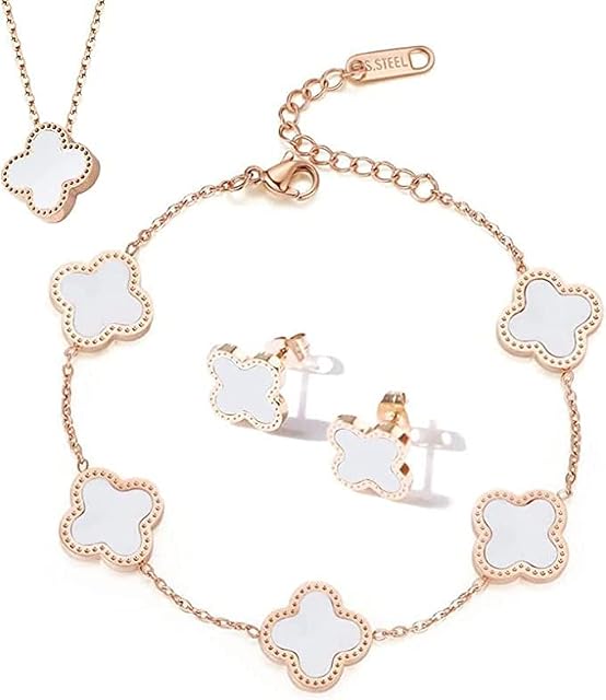 Aoseahess Fashionable Four-Leaf Clover Jewelry Set, Women Titanium Steel Necklace Stud Earrings Bracelet Set Dainty Enamel Jewelry Set for Teen Girls Women((White)