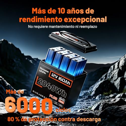 Image of HumsiENK 12V 160Ah Plus LiFePO4 Lithium Battery, 2048Wh Energy Trolling Motors Battery, 150A BMS with Low-Temp Protection, 15000+ Deep Cycles, 10 Years Lifespan, for RVs, Energy Storage, Solar, Boat