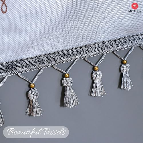 Image of Microwave Oven Cover by Motira - Floral Printed Top Cover with Premium Embroidery Designs and Elegant Tassels - Washable High-Quality Fabric Protector 35 x 80 CM (Light Grey).