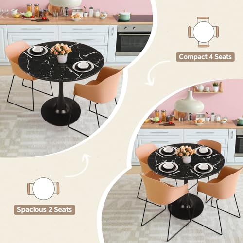 Image of Round Dining Table 31.5 inch Faux Marble Black Tulip Table with Pedestal Base for 2-4 People Small Space - Kitchen Living Room Cafe