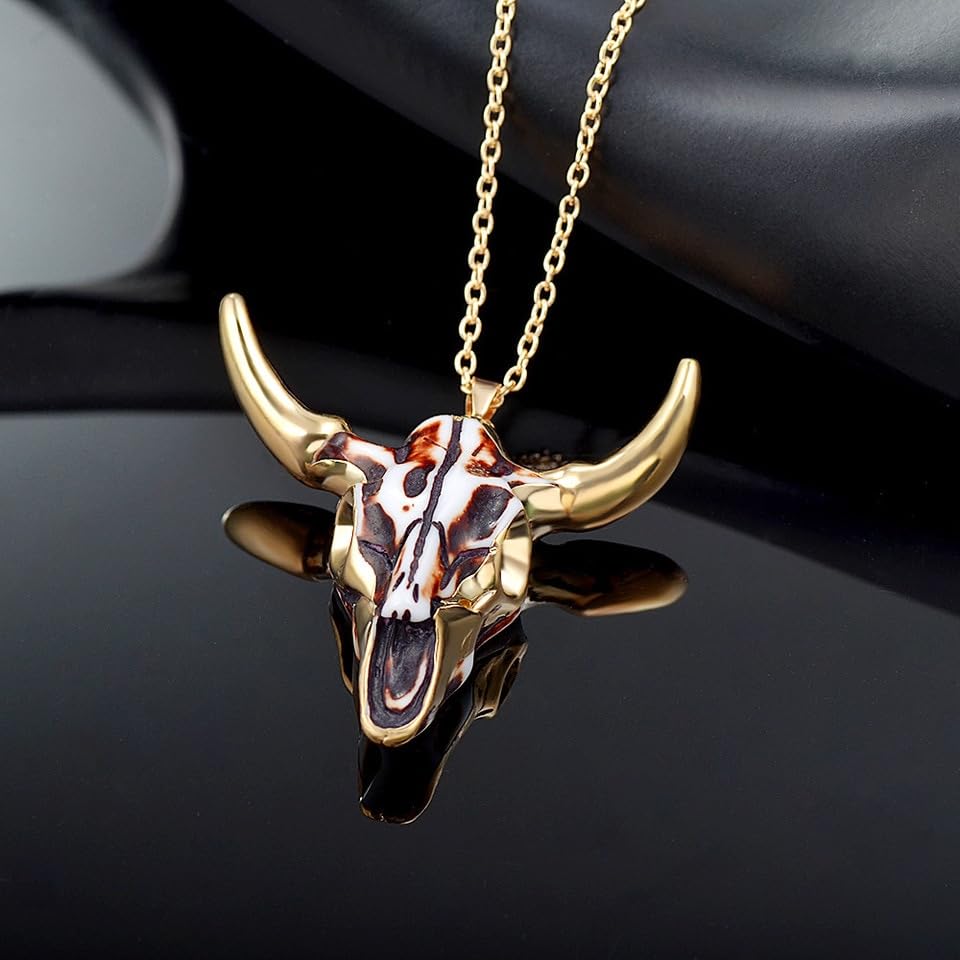 Bohemian White Black Tauren Cow Pendant Bull Head Necklace Sweater Chain Gold Color Horn Stylish Women Men Skull Jewelry4