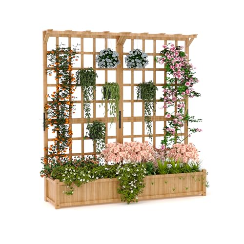 GarveeLife Two-Tier Wooden Planter Box with Trellis for Outdoor Gardens, Elevated Raised Bed for Flowers and Vegetables, 1.4 ft Deep Planter with Hanging Roof & Drainage Holes