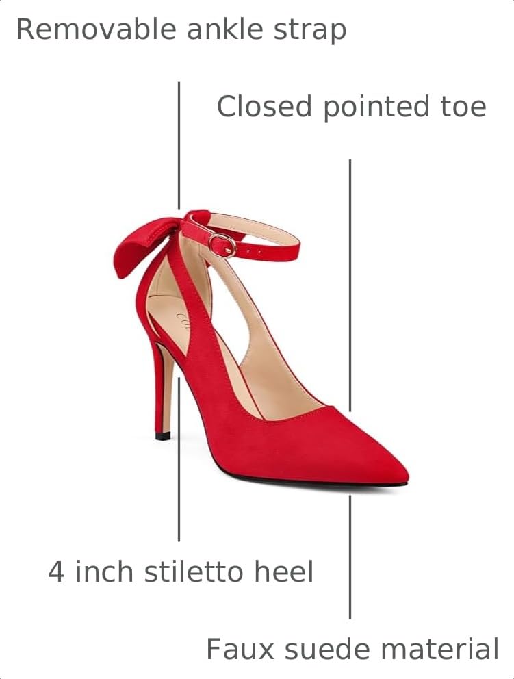 Image of COLETER Womens Back Bow D'Orsay Pumps Pointed Toe Ankle Strap Wedding Heels | 4 Inch Stiletto Heels, Adjustable Ankle Strap, Back Bow Pumps, Formal Evening Bridal Shoes