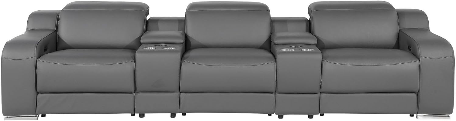 HomeRoots 129" Dark Gray Italian Leather Reclining USB Sofa