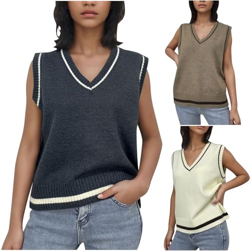 HGps8w Women's Preppy Style Colorblock Sweater Vest, Loose Casual Sleeveless V Neck Cable Knit Fall Winter Pullover Tank Tops2