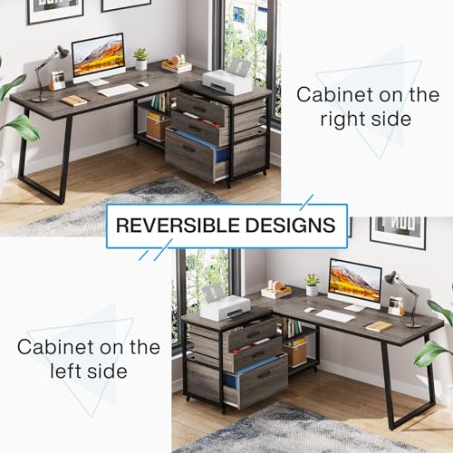 Image of Tribesigns L-Shaped Desk with 3 Drawers, Reversible Corner Home Office Computer Desk with Shelves, 53-Inch Industrial PC Desk Study Writing Table Workstation for Small Space, Grey