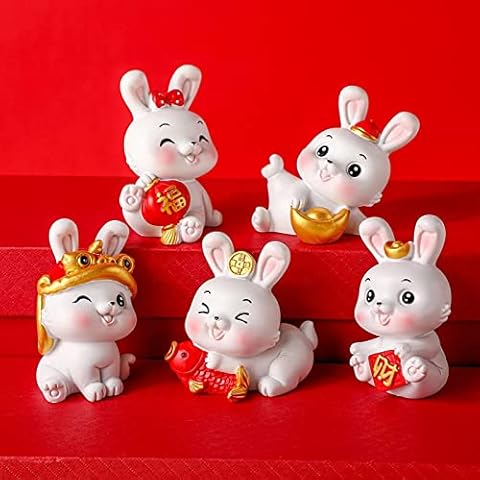 BGJJGT Chinese New Year Decorations 2023, Miniature Rabbit Animal Figurines' Year of the Rabbit 2023 Decorations, Chinese Zodiac Garden Decoration for Car Dashboard Office Table Desk Cover