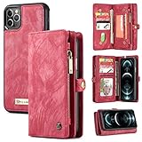 Zttopo Wallet case Compatible with iPhone 12 Pro Max, 2 in 1 Leather Zipper Detachable Magnetic 11 Card Slots Card Slots Money Pocket Cover with Screen Protector Case Wallet 6.7 Inch(Red)