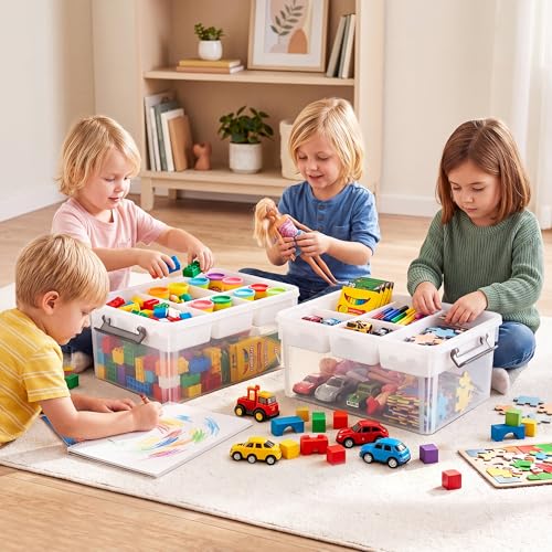 Image of Citylife 17QT 2Packs Clear Craft Organizers and Storage Box with Tray | Stackable Art Supply Organizer Storage Bins with Lids for Beads, Markers, Sewing, Tools, Playdoh, Coloring Books, Made in USA