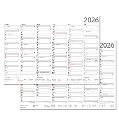 Tafelkalender 2026 Halbjahreskalender 6 Monate auf Vor- und Rückseite DIN A4 Format 21 x 29,7 cm stabile Ausführung Sonn- und Feiertage in Rot
