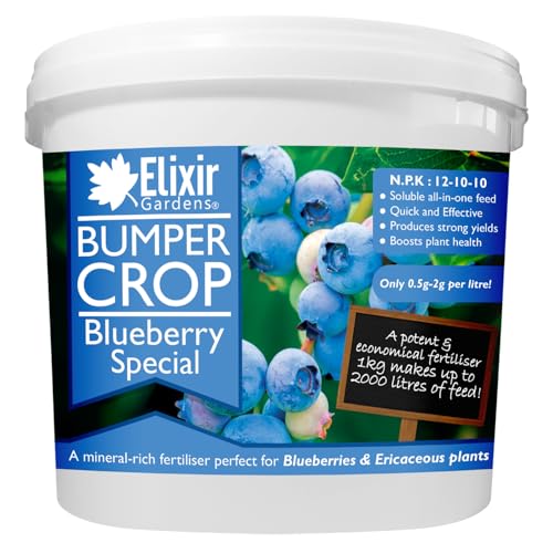 Elixir Gardens Bumper Crop Blueberry Special Fertiliser | Soluble Feed for Blueberries, Raspberry & Strawberry Plants | 1kg - 20kg Supplied in Bag or Tub | NPK 12-10-10+ 4 | 1kg Resealable Tub