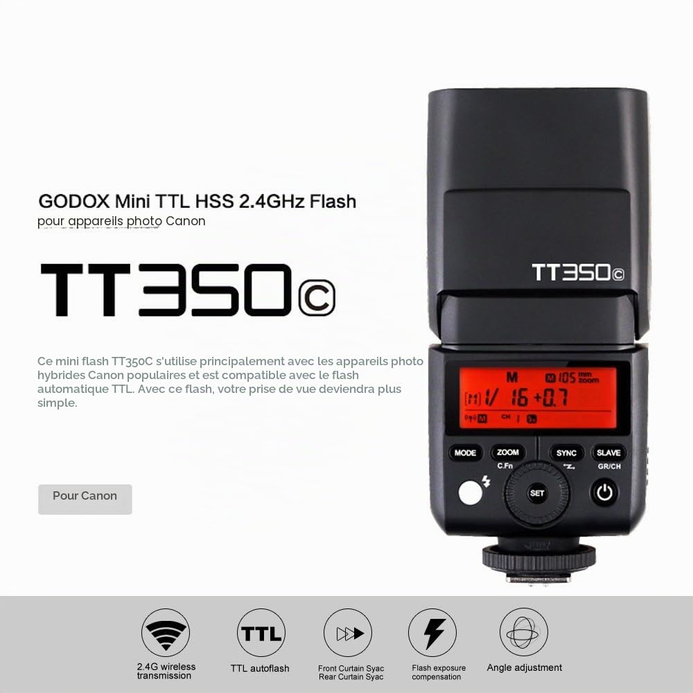 Godox TT350C Flash pour Appareils Photo Canon, 2.4G GN36 TTL Flash Speedlite HSS 1/8000s, Environ 210 Flashes à Pleine Puissance, Temps de Recyclage 0.1 à 2.2s, Externe Flashes pour Canon Caméra