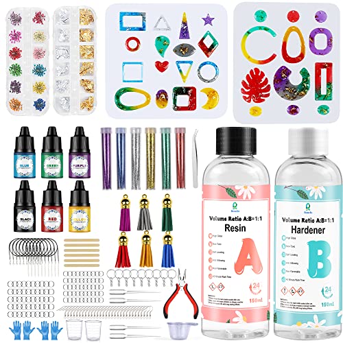 Rouclo epoxy resin Transparente kit complet 300ml,205 Pcs Moule en Silicone et Fournitures de Fabrication de Bijoux et Résine Pour Bricolage,Fabrication de Pendentif, Décoration Artisanale Cover