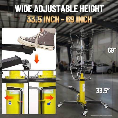 Image of GarveeTech 2-Plunger Transmission Jack, 1322 LBS (3 /5 T) Capacity 33.5 in- 69 in High Lifting Height, 2-Stage Hydraulic Telescopic Jack, Heavy Duty Floor Jack w /Foot Pedal, 360 Swivel Wheel, Yellow