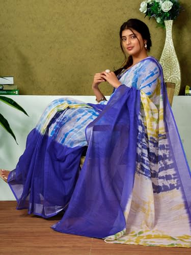 Image of Satrani Women's Linen Printed & Zari Border Ready To Wear One Minute Pre Pleated Readymade Saree with Unstitched Blouse Piece