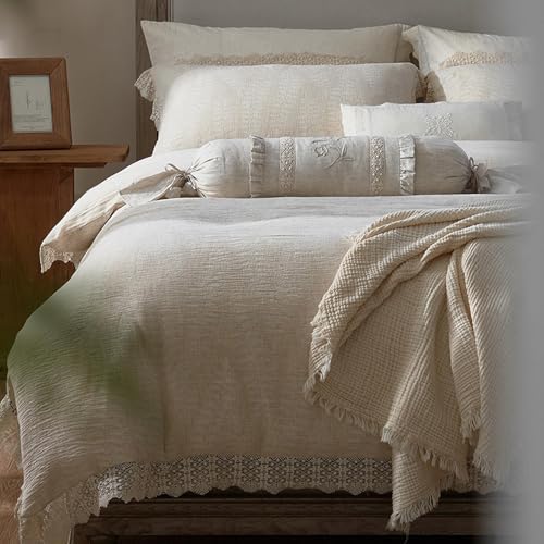 Copripiumino in lino, per letto matrimoniale, con volant, traspirante, comodo, con federe increspate, per tutte le stagioni, lenzuolo con angoli