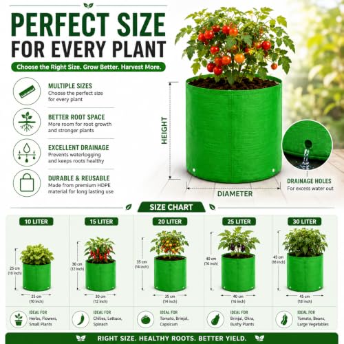 Image of Grow Bags for Terrace Gardening, Premium HDPE Green-Orange Large Planters for Fruit Trees, Vegetables, Flowers & Home Garden Pack of 7(15x15)