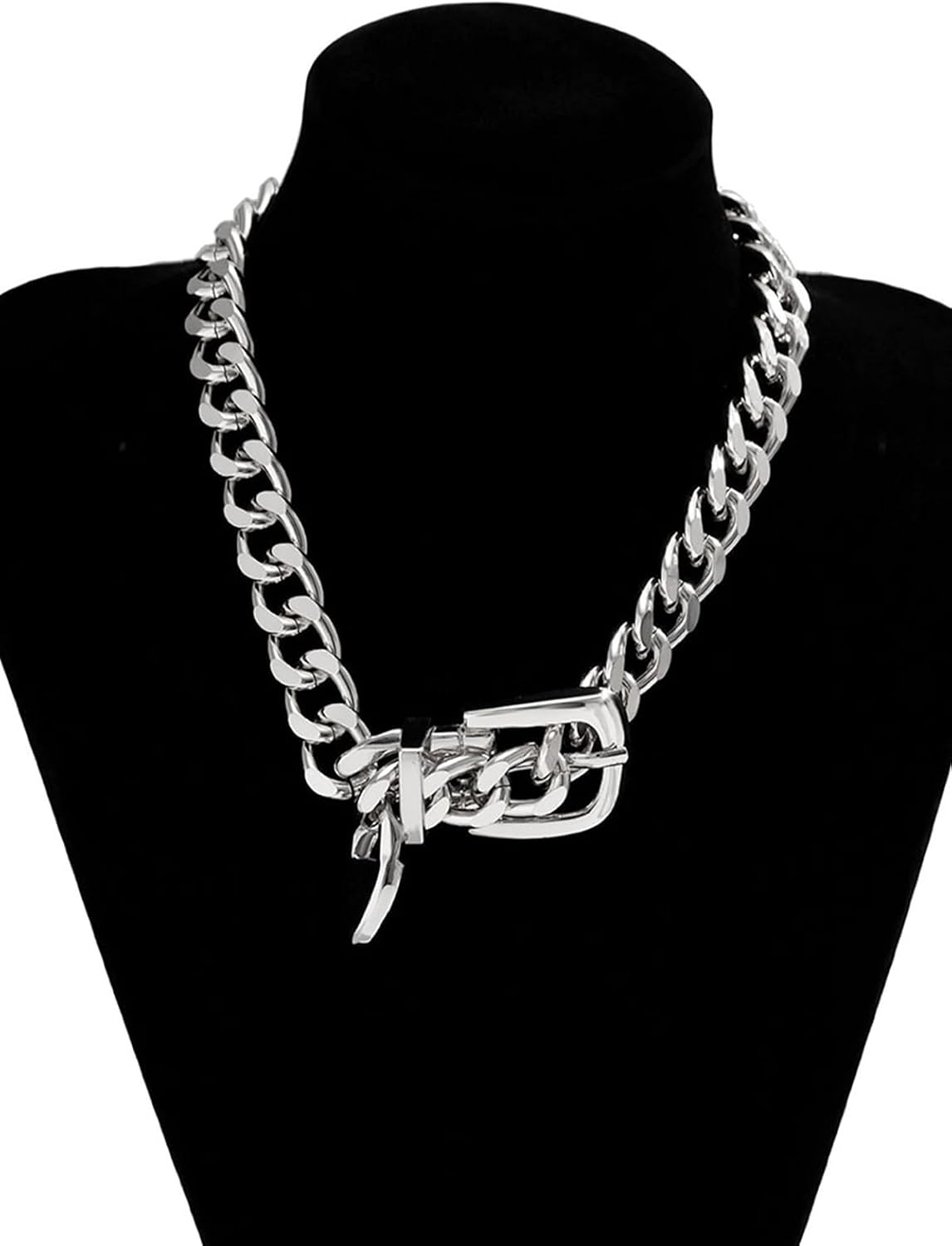 Cuban Link Chain Necklace Punk Belt Buckle Shaped Chunky Choker Necklace Statement Thick Chain Necklace Jewelry Gifts for Women Men