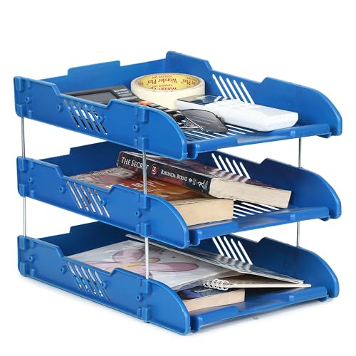 Image of File Tray Rack ABS Plastics | Foldable Office Desk Accessories | Durable & Sturdy | Easy Assembly | Efficient Organizer | Plastic Office Stationery Files Layer Rack (3 Layer, Blue)