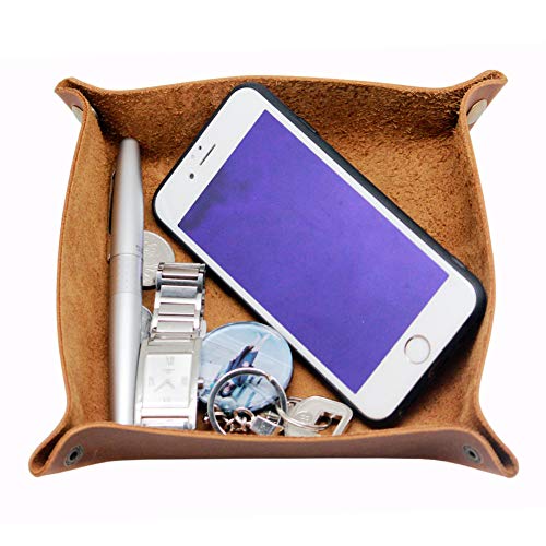 Image of boshiho Valet Tray for Men, Leather Jewelry Catchall Key Phone Coin Box Change Caddy Bedside Storage Box (Crazy Horse Leather - Light Brown)