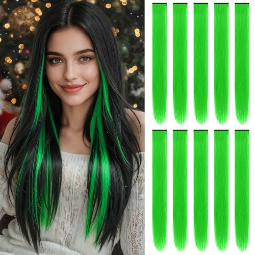 TOFAFA 22 inch Colored Hair Extensions Long Straight Hairpiece Color Party Highlights Neon Green Clip in Synthetic Hair Extensions for Women Girls Cosplay Gift(10 PCS Green)