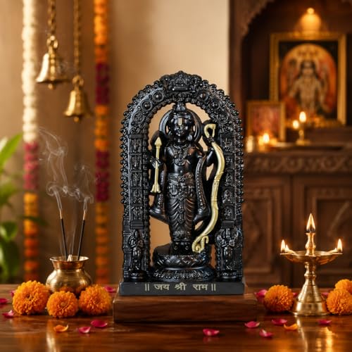 Image of Jai Shri Ram Idol Black Resin Statue with Gold Accents, Decorative Figurine for Home Temple, Car Dashboard, Office Desk and Spiritual Decor, Compact 3 x 2 Inch Religious Showpiece