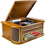 Denver Electronics MCR 50 Lecteur de disques vinyles Design rétro. Radio FM/AM. Lecteur CD et Cassette. Haut parleurs 5W. Fonction d'enregistrement. Boîtier en Bois