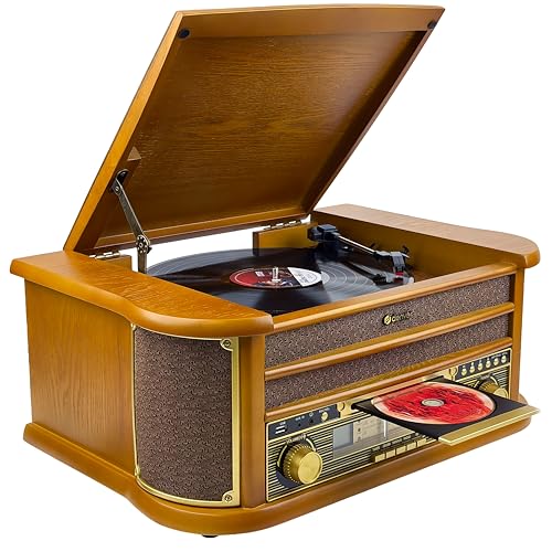Denver MCR-50 Retro Musikanlage mit Plattenspieler mit Lautsprecher, Braun - Schallplattenspieler mit USB, Kassette & CD Support