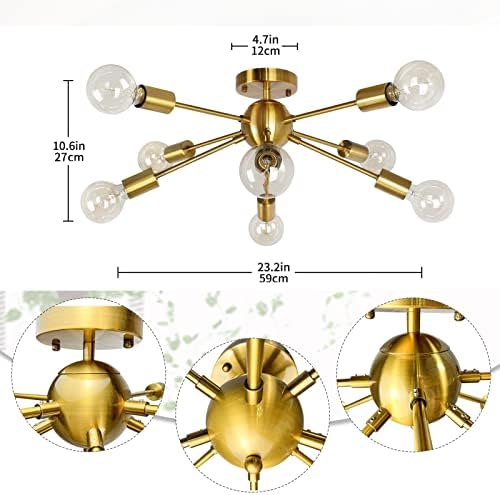 JHLBYL Sputnik Chandelier Modern Gold Metal Ceiling Lamp 8 Lights Vintage Semi Flush Mount Light Fixtures for Living Room Kitchen Bedroom