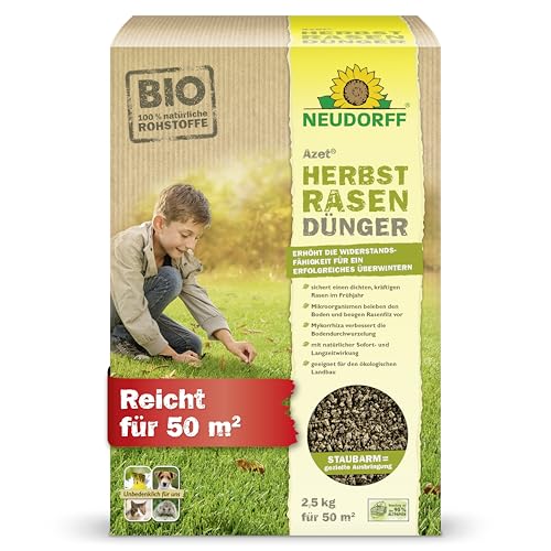 Neudorff Azet HerbstRasenDünger - Organischer Bio-Dünger für 50 m² stärkt die Frosthärte und sorgt für einen dichten, kräftigen Rasen im Frühjahr, 2,5 kg