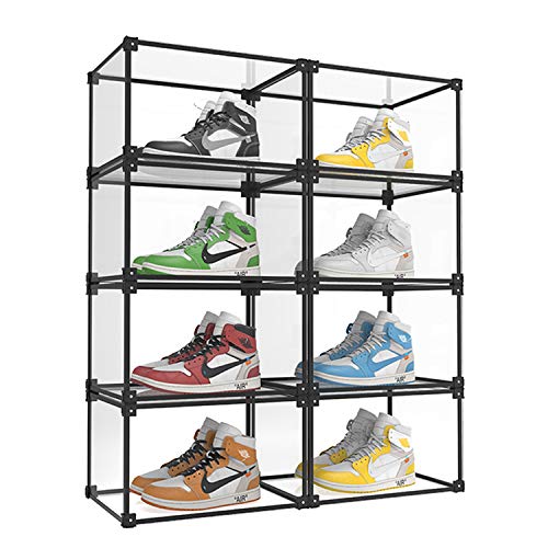 KOKOIN Magnetic Side Open Transparent Plastic Storage Shoe Box Storage Shoe Box Sneaker Storage Box Display Box Shoe Container Clear Closet Shelf Shoe Organizer (Black 8PC)
