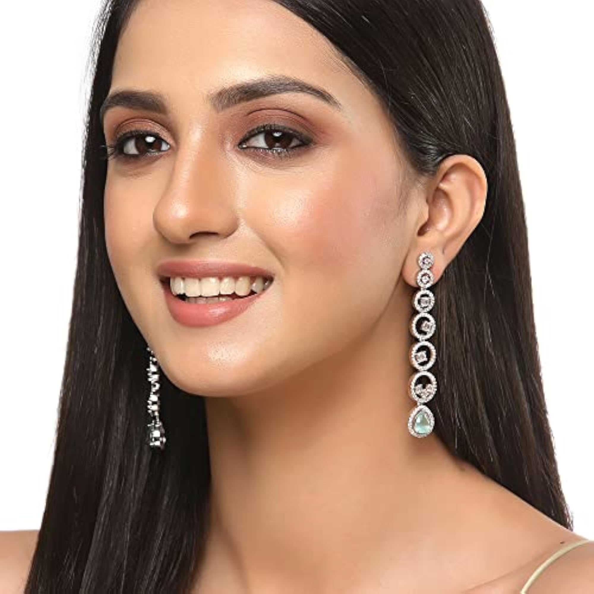 Rhodium-Plated Circular Drop Earrings with American Diamond
