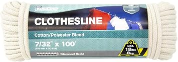 KingCord 100 Blended Polyester-Cotton Diamond Braid 18lb Clothesline 7/32" Durable, Low-Stretch, Weather-Resistant