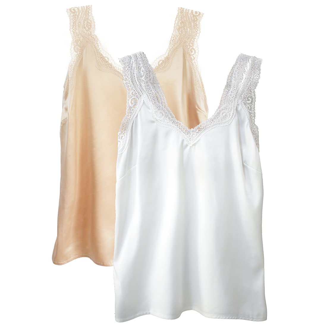 Wantschun Womens Satin Silk Camisole Lace Straps Tank Top Cami V-Neck Pack of 2: White+Champagne,Medium