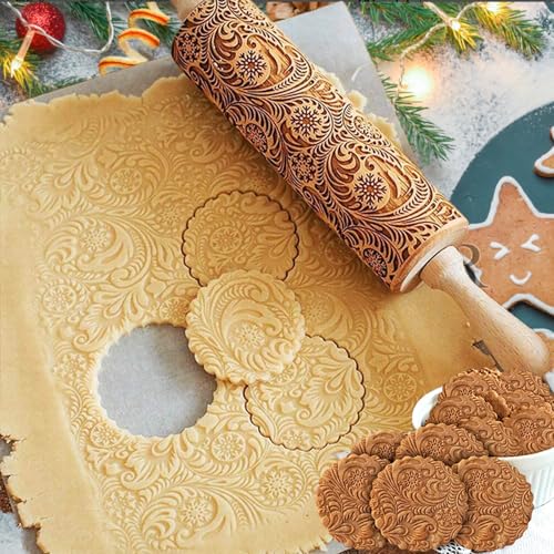 Rouleau à Pâtisserie, 2024 Rouleau Gravé de Noël, DIY Rouleau à Pâtisserie avec motif classique, 3D Rouleau à Pâtisserie Gravé, Rouleau à Pâtisserie de Noël pour Fondant, Biscuits, Pizza,Cuisson