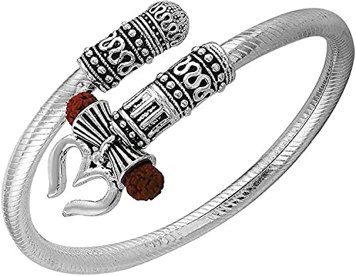 Hiranaakshi International Silver Bahubali Kada for Men & Women - Lord Shiva OM Rudraksh Damroo Design Adjustable Bracelet (Free Size)