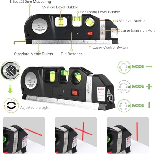 Image of Laser Level Pro 3 with Measuring Tape 8FT (2.5m) | Multi-Function Laser Level Tool with Horizontal & Vertical Alignment, Built-in Ruler, Bubble Level (lesar leval patti)
