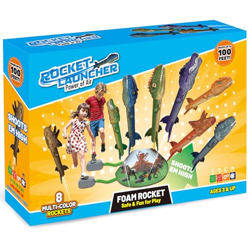 Dinosaur Rocket Launcher for Kids, 8 Rockets with 2 Launcher Pads, Launch Up to 100 Ft, Dinosaur Toys for Kids, Outdoor Toys, Birthday Gifts for 3 4 5 6 7 Year Old Boys Girls