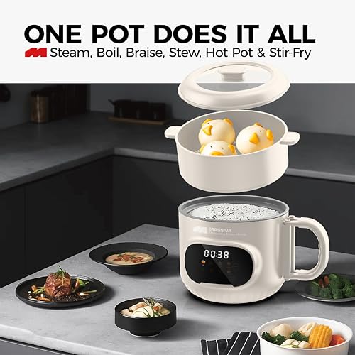 Image of MASSIVA 8-in-1 Multi Purpose Electric Kettle with Steamer: Smart LED Presets Electric Pot, 1.6L Ceramic Non-Stick Inner Pot, 600W Boil /Steam /Fry All-in-One For Kids Travel and Kitchen