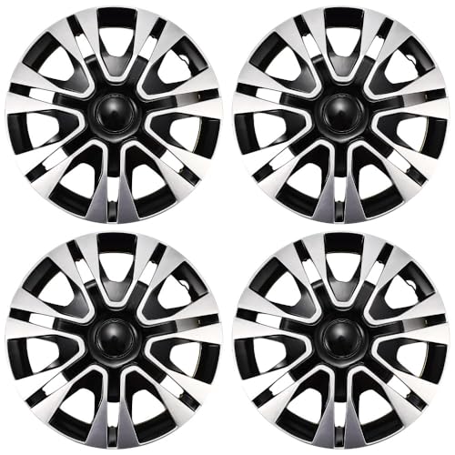 Image of Black with Silver Hubcap Wheel Cover Replacement Kit 12 inch Hub Caps Wheel Rim Cover Car Exterior Accessories Pack of 4, 12 Inches