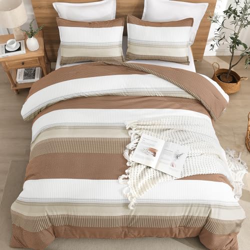 Litanika Beige California King Comforter Set, 3 Pieces Cal King Lightweight Taupe Khaki White Colorblock Stripe Bedding Comforter Sets, Fluffy Bed Set