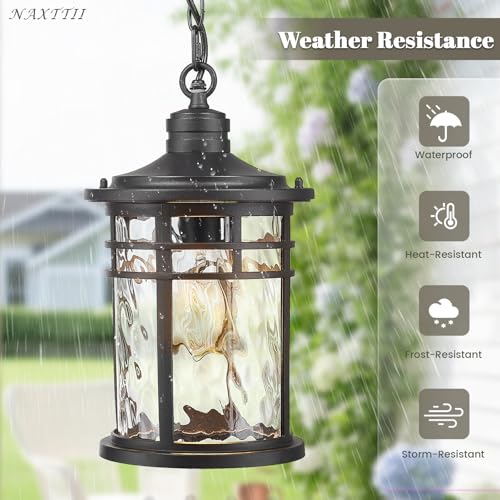 Image of Large Hanging Porch Light 12.4 Inch Dusk to Dawn Outdoor Pendant Light with Water Ripple Glass Waterproof Outdoor Hanging Lantern Light with Adjustable Chain E26 Socket