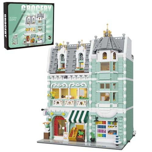 Miabrixbrix Grocery Store Modular Mini Building Set for Adults, Mirco Architecture Building Blocks Kit with Green Facade & Detailed Goods, Modern House Model for Home Decor 2225PCS
