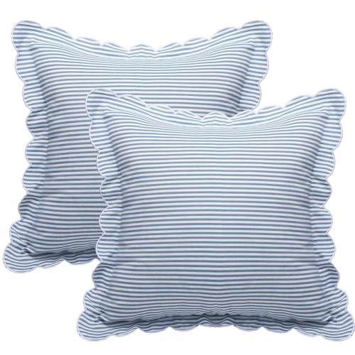 Newwiee 2 Pack Scalloped Pillow Covers, Blue Stripe, 18 x 18 Inch