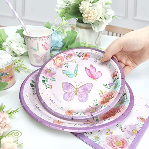 Butterfly Birthday Party Supplies Girl Decorations Plate Set For 25Guests, Purple Plates Napkins Cups And Straws Disposable Tableware Set #TOP4