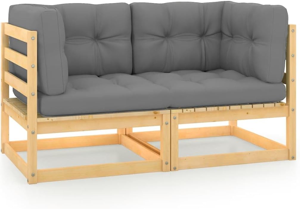 vidaXL Patio 2-Seater Sofa with Cushions - Solid Pinewood Construction - Outdoor Garden Furniture with Flexible Modular Design - Gray Cushions Included
