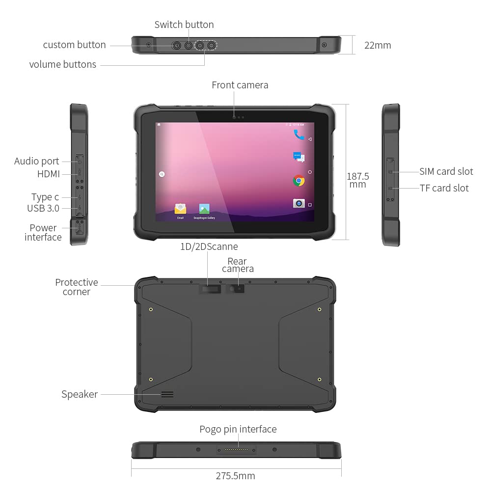 10,1" Rugged tablet do zastosowań mobilnych z systemem Android 11, SM6350, 4 GB RAM, 64 GB, IP65 przemysłowy tablet GPS, WiFi, 5G, Bluetooth, ochrona przed kurzem i upadkiem i wodą